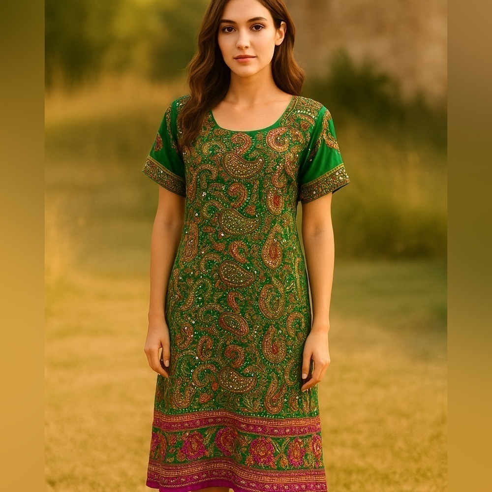 Boho Green Multicolored Embroidered Mirrored Paisley Print Midi Dress